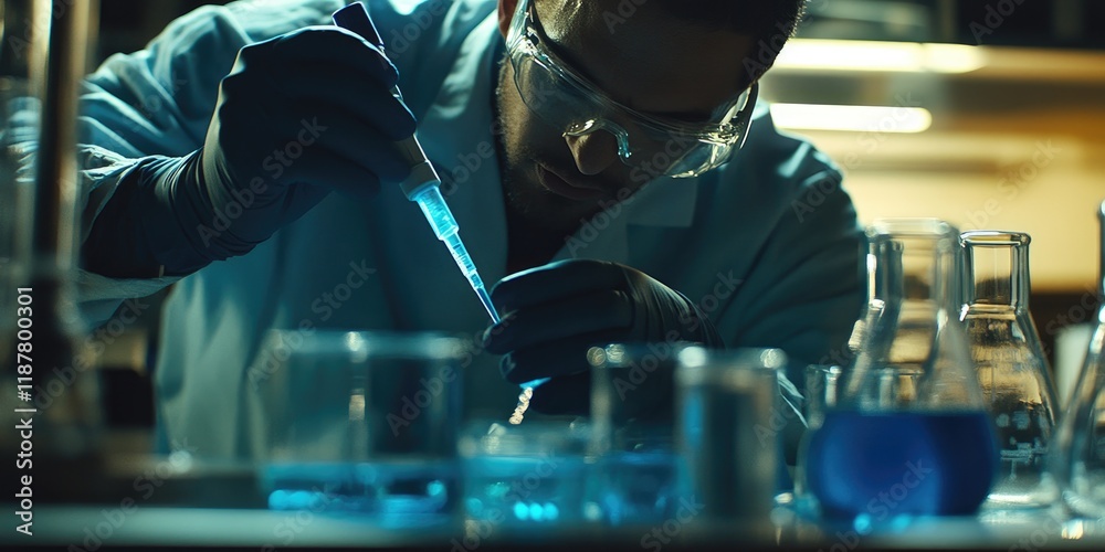 Poster A close-up features a forensic scientist analyzing a blue liquid sample with a pipette, amidst lab glassware.