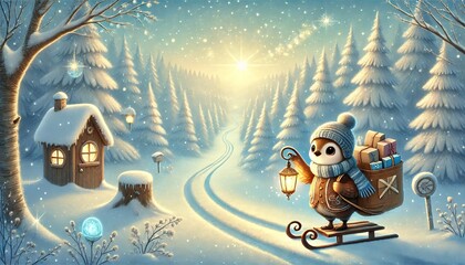 A Whimsical Bird Mail Carrier Traveling Through a Magical Snowy Forest with Enchanted Parcels and Cozy Woodland Homes