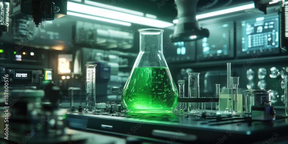 Poster a high-tech lab emphasizes a beaker of green liquid, surrounded by scientific instruments and glassw