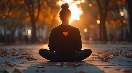 Woman meditates in autumn park at sunset with heart on back.