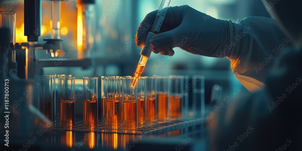 Poster a scientist uses a pipette to introduce a drop of orange liquid into a series of test tubes, with de