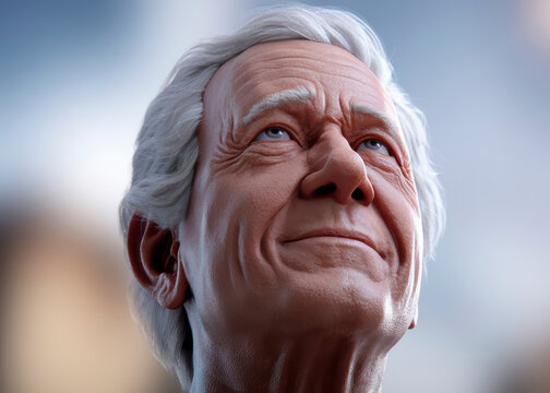 Close-up portrait of an elderly American man with white hair, looking up with a serene expression