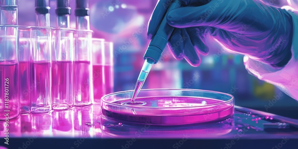 Poster a scientist uses a pipette to add a drop of purple liquid to a petri dish, framed by a detailed lab 