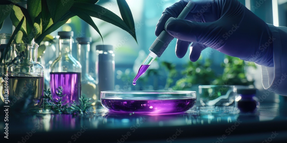 Poster a scientist uses a pipette to add a drop of purple liquid to a petri dish, framed by a detailed lab 