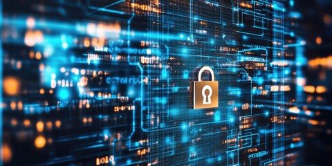 Secure data encryption software is showcased on an IT security interface in an office setting devoid of people.