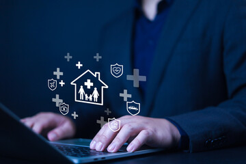 Insurance and safety protection concept of businessman. Icon shows virtual in of businessman screen, healthcare, insurance, investment, Car, travel, health and family insurance