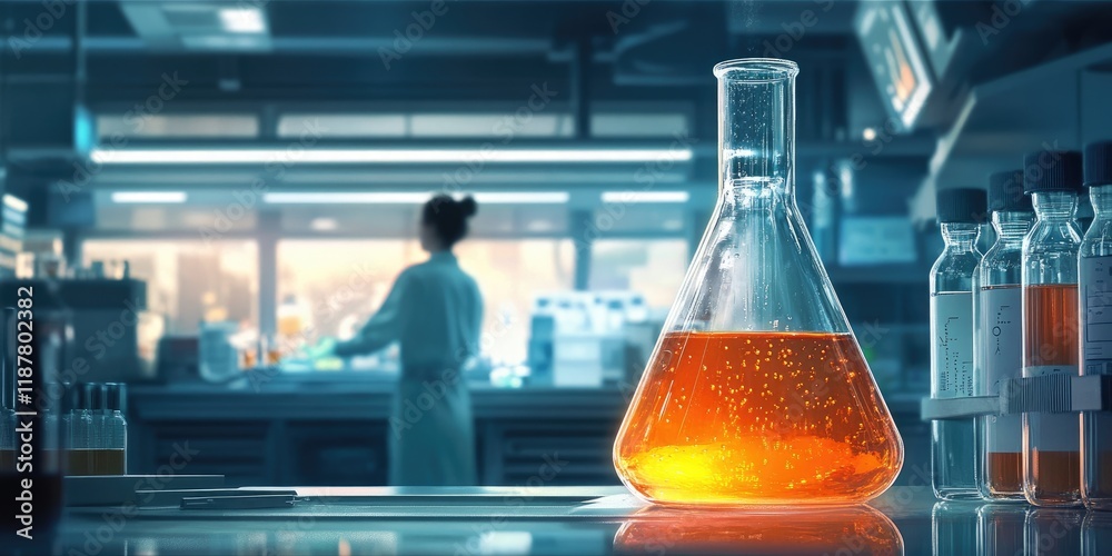 Poster a laboratory scene highlights a bubbling flask of orange liquid, with a researcher working in the ba