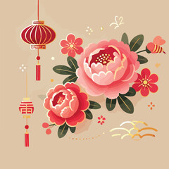 Lunar year peony flower design on peach background
