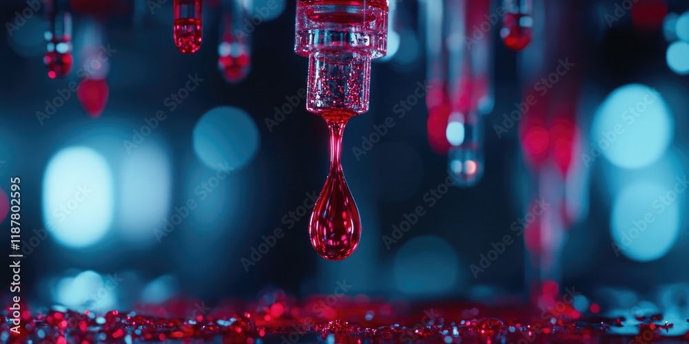 Poster A close-up features a droplet of red liquid hanging from a pipette, within a detailed lab setting.