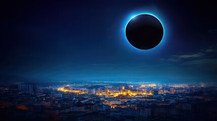 Obraz premium A solar eclipse above a city skyline with lights twinkling below.