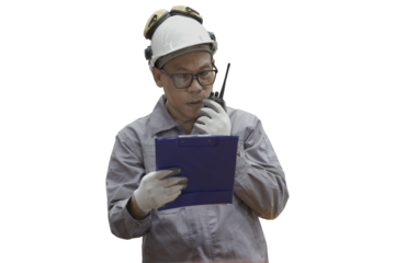 Asian male worker working with clipboard on white background. Asian male engineer using clipboard on white background