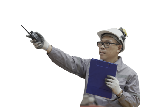 Asian male worker working with clipboard on white background. Asian male engineer using clipboard on white background