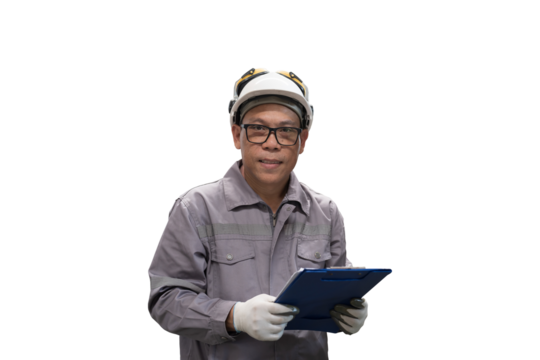 Asian male worker working with clipboard on white background. Asian male engineer using clipboard on white background