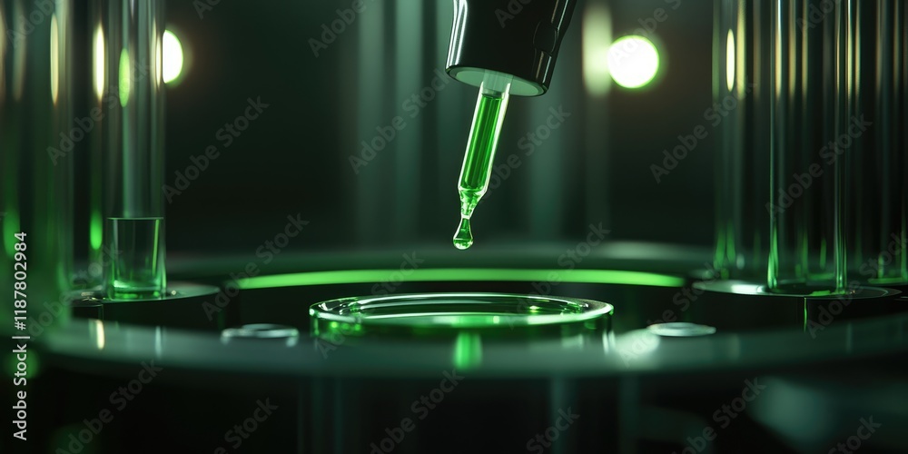 Poster A high-tech forensic lab features a detailed shot of a dropper releasing green liquid into a test tube.