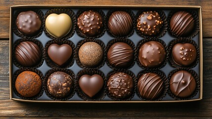 Obraz premium Assorted chocolates in a box on a wooden surface.