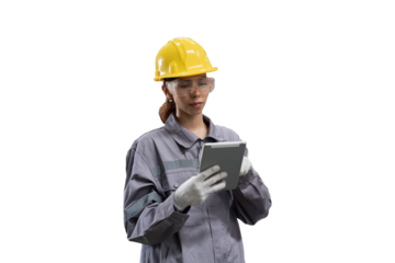 Female worker working with digital tablet on white background. Female engineer using digital tablet on white background