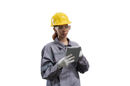 Female worker working with digital tablet on white background. Female engineer using digital tablet on white background