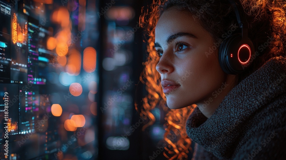 Poster a woman with headphones focuses on data displayed on multiple screens. this image suits tech, cybers