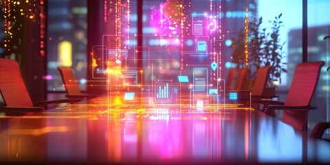 Obraz premium A blurred business meeting scene with neon lines and icons linking various tech devices, highlighting digital strategy.
