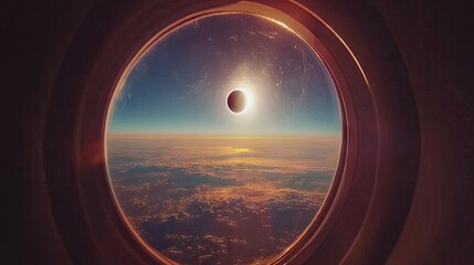 A solar eclipse seen from a plane window, with the horizon glowing in golden hues.