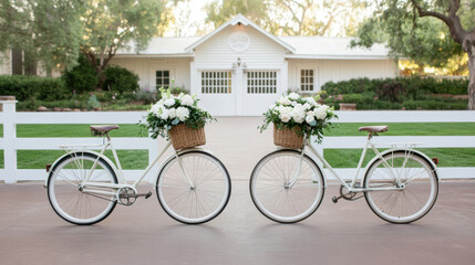 Fototapeta premium Vintage bicycles with flower baskets create charming decor for any event, enhancing atmosphere with elegance and beauty