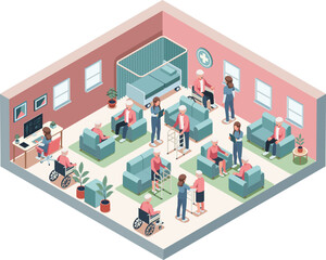 Isometric Elderly Care Facility with Caregivers Assisting