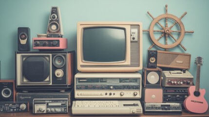 Fototapeta premium flea market treasure pile, retro gadgets collection, mixed vintage electronics, antique musical equipment, classic childhood toys, rustic nautical wheel, weathered leather accessories, pastel mint