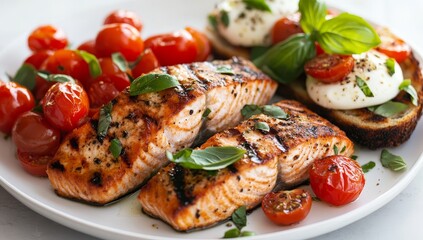 Grilled salmon, roasted cherry tomatoes, and creamy basil bruschetta.