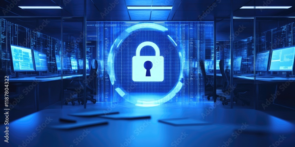Leinwandbilder A secure data encryption software interface is shown within an IT security setting in an office, with no people present.