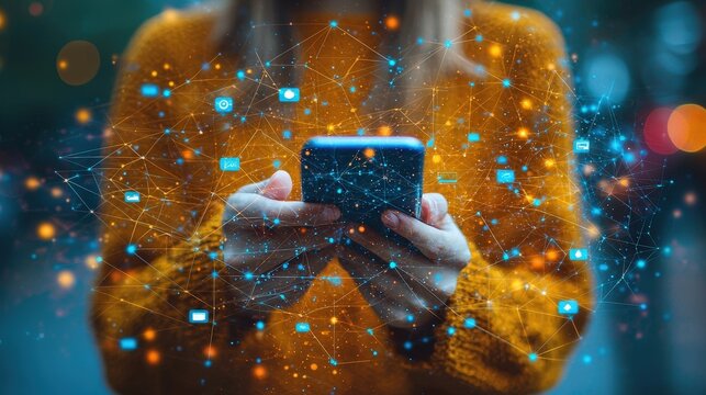 A person uses a smartphone with a network of interconnected icons showcasing diverse app functionalities and data connectivity. Ideal for visualizing mobile app ecosystems or digital platforms.