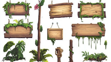 Fototapeta premium rainforest wooden signboards, tropical game ui elements, jungle path markers, suspended plank designs, natural wood textures, exotic foliage borders, climbing vine details, fern leaf decorations,