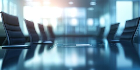 A blurry image showcases a conference room featuring a digital signature interface on a floating hologram, within an abstract background.