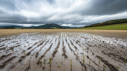 A vast landscape of a wheat field, damaged and muddy after a torrential downpour.