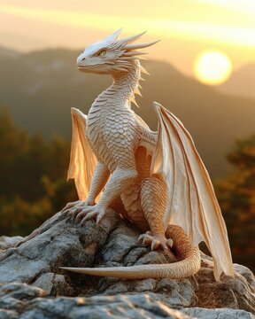 White dragon perched on a rock at sunset.
