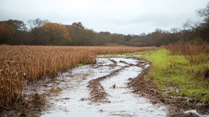 A wheat field with bent stalks and soggy soil after a week of heavy rainfall.