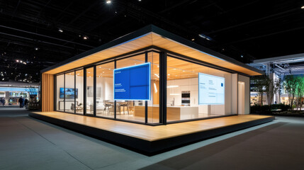 Obraz premium modern home displayed in transparent cube with interactive features, showcasing sleek design and innovative technology