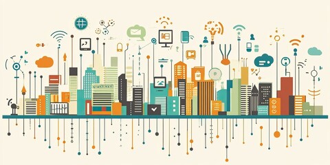 Fototapeta premium A digital cityscape featuring lines connecting smart devices and internet icons, illustrating IoT and tech strategy.