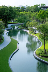 Fototapeta premium serene eco friendly city model featuring winding waterways and lush greenery creates peaceful atmosphere