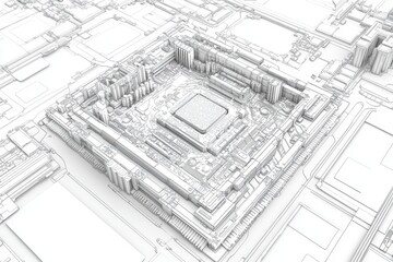 Aerial View of a Complex Geometric Structure Representing an Abstract Architectural Model in Monochrome, Perfect for Design and Technology Concepts