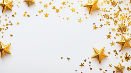 Gold frame with shimmering gold stars on white background, elegant flat lay design with copy space for festive decorations