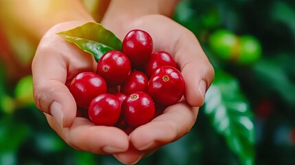 Farmer Picking Fresh Red Coffee Cherries
