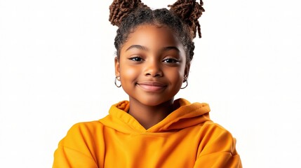 Confident Girl in Orange Hoodie: A portrait of a young Black girl with adorable double bun locs, confidently smiling while wearing an orange hoodie. Her expression is radiant.