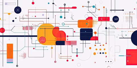 An abstract representation of connected devices and data points illustrated with lines and icons, highlighting IoT and digital strategy.