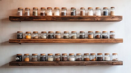 Open wooden shelves in a minimalist kitchen holding jars of spices and condiments.