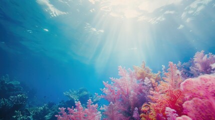 Naklejka premium a dreamy underwater scene with exotic marine life and vibrant coral reefs, No objects, white space in the center of the page for text