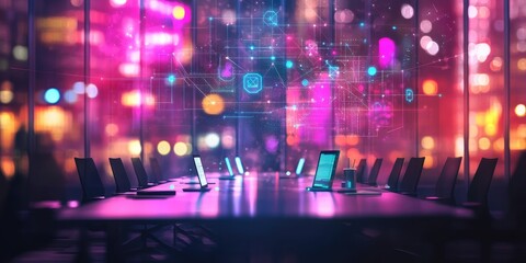 Fototapeta premium A blurred business meeting background with neon lines and icons connecting various tech devices, emphasizing digital strategy.