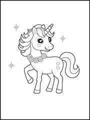 Black and White Unicorn Coloring Page for Kids. Cute, Hand-Drawn, Printable Activity Sheet with Cartoon Characters and Simple Doodles
