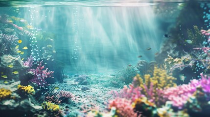 Fototapeta premium a dreamy underwater scene with exotic marine life and vibrant coral reefs, No objects, white space in the center of the page for text
