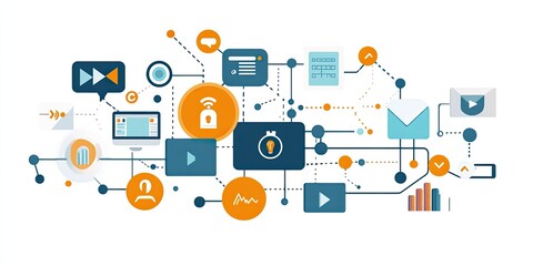 An abstract concept of data connections depicted with lines and icons linking online communication and tech strategy.