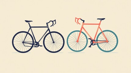 Modern bike pictograms set, flat design aesthetic, racing bicycle, mountain bike variations, tandem bicycle illustration, minimal geometric forms, soft color combinations, simplified vehicle
